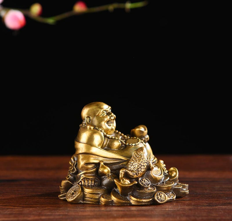 BRABUD Brass Sitting Laughing Buddha with Money Frog Protect House Peace Wealth Decoration TQ163 - Image 3